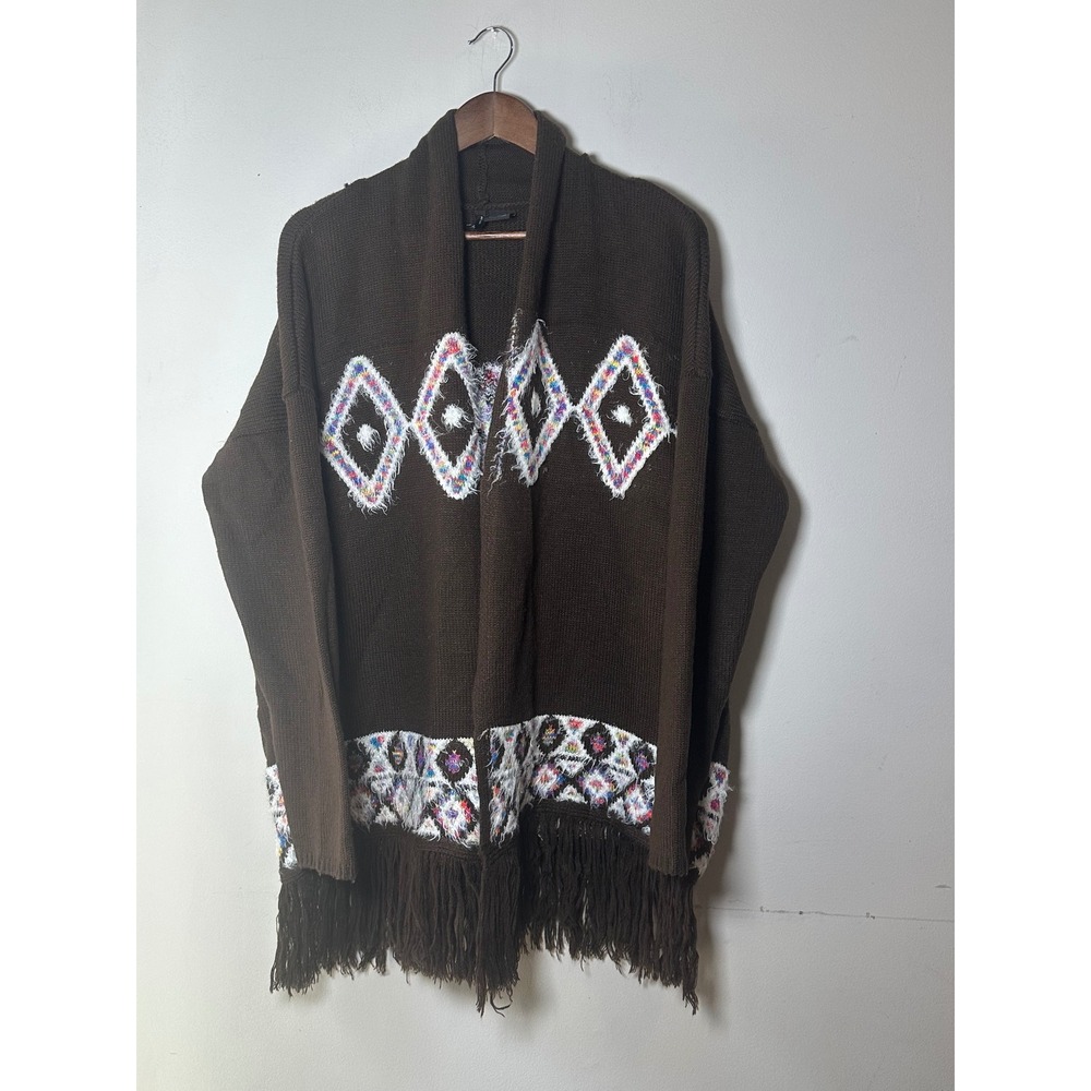 New Direction Brown Southwestern Fringe Open Front Cardigan XL Geometric Boho